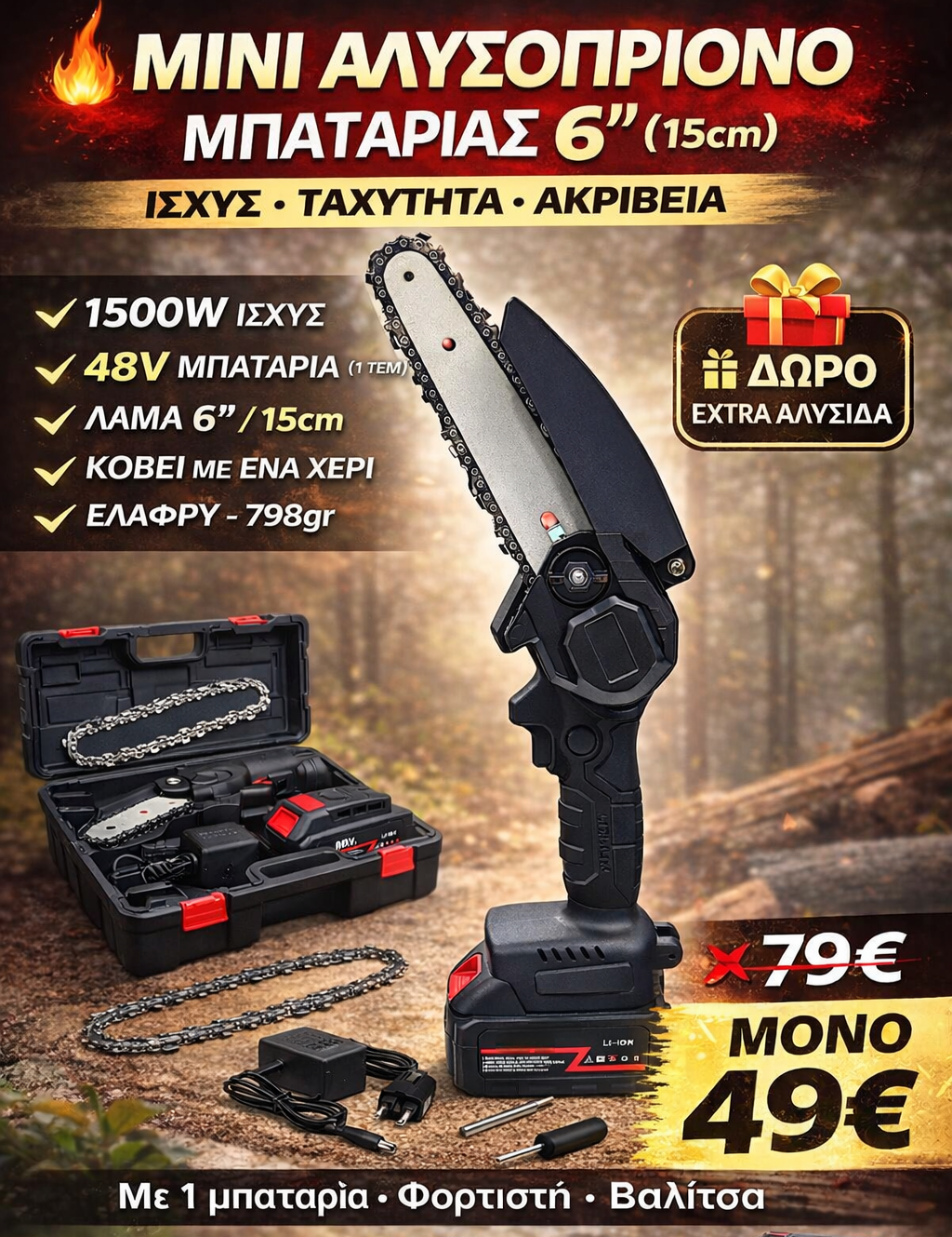 6 INCH CHAINSAW WITH 1 BATTERY CHARGER CASE AND FREE 1 CHAIN