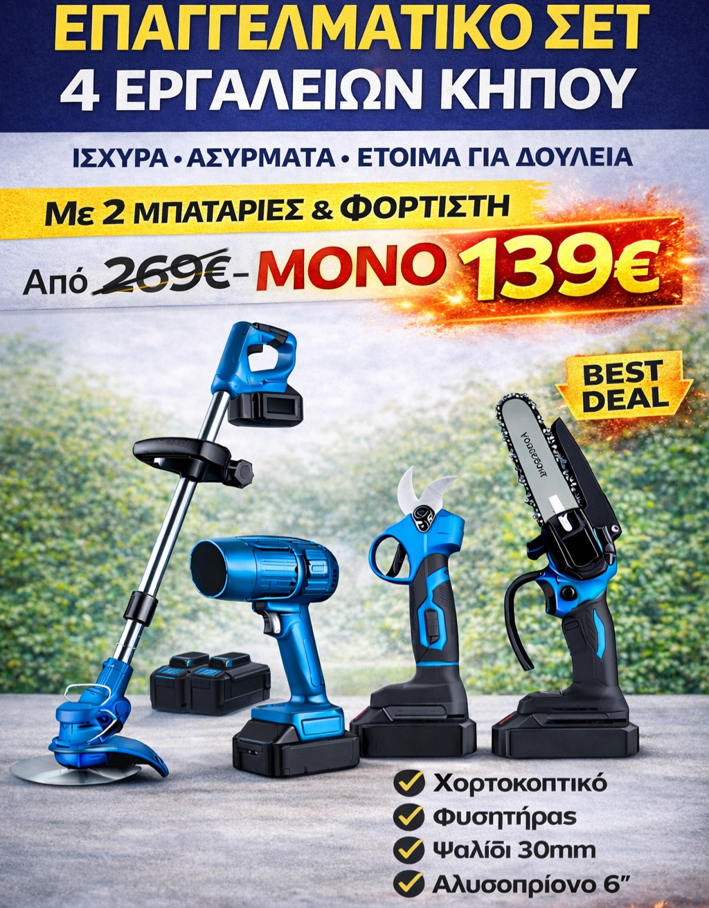 ΣΕΤ ΚΗΠΟΥΡΙΚΗΣ 4 ΕΡΓΑΛΕΙΑ ΜΑΖΙ ΧΟΡΤΟΚΟΠΤΙΚΟ+ΑΛΥΣΟΠΡΙΟΝΟ+ΨΑΛΙΔΗ+ΦΥΣΗΤΗΡΑΣ