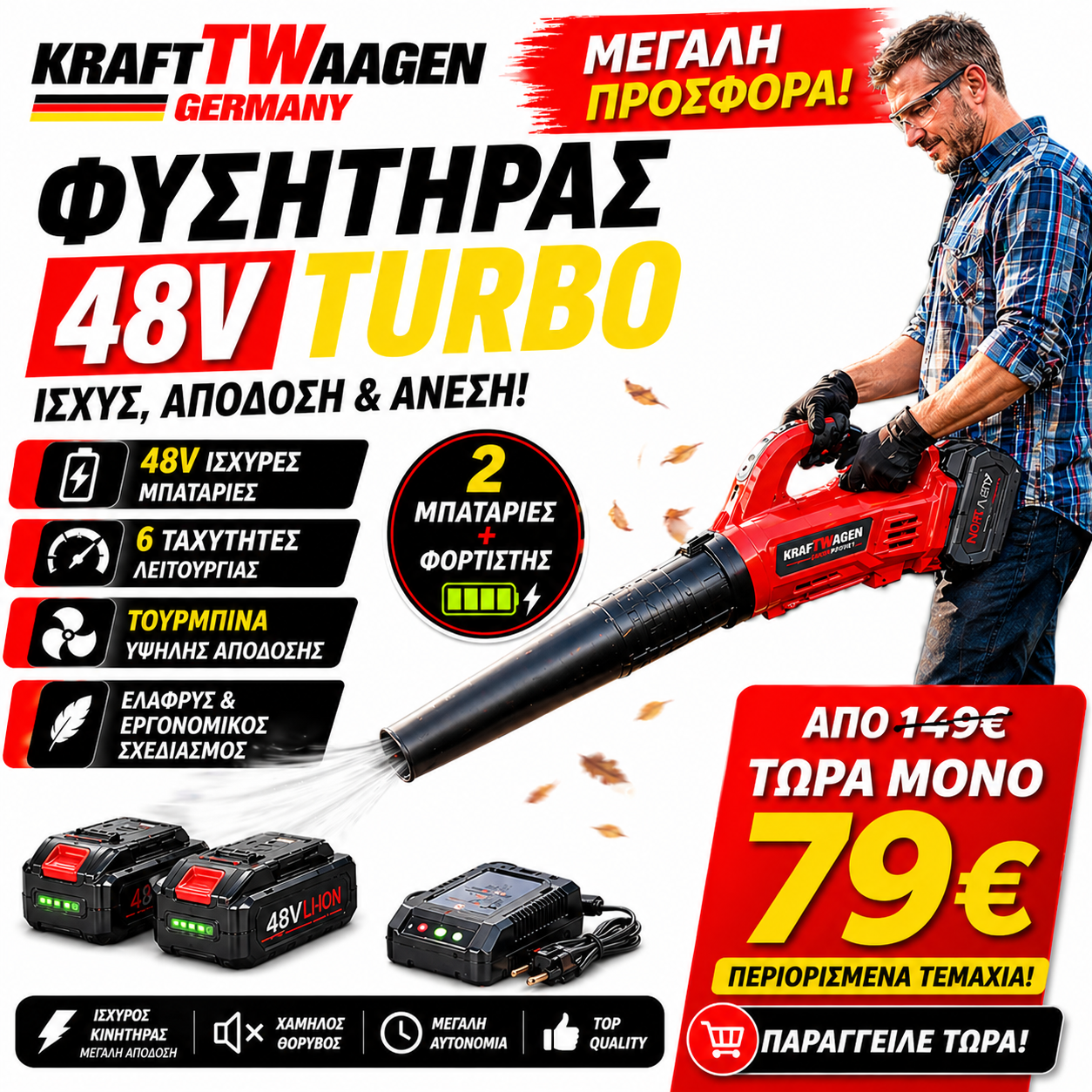 KRAFTWAAGEN ΤΟΥΡΜΠΟ ΦΥΣΗΤΗΡΑΣ ΜΕ 6 ΤΑΧΥΤΗΤΕΣ ΑΣΥΡΜΑΤΟ ΜΕ 2 ΜΠΑΤΑΡΙΕΣ