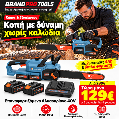 Επαγγελματικό Αλυσοπρίονο Μπαταρίας KRAFTPRO 16" – 40cm Brushless